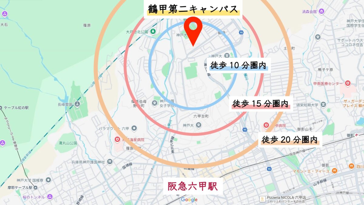 鶴甲第二キャンパスから徒歩圏内地図